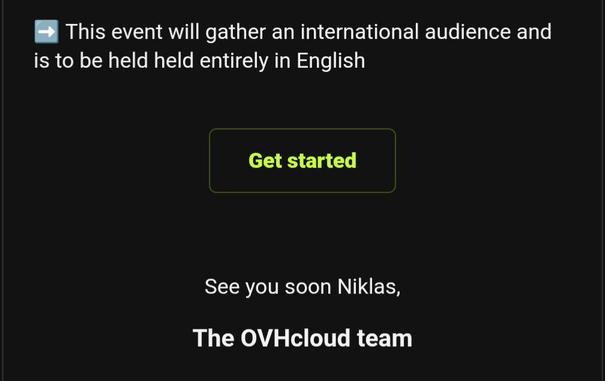 OVH Cloud summit email stating the "event will gather an international audience and is to be held entirely in English"