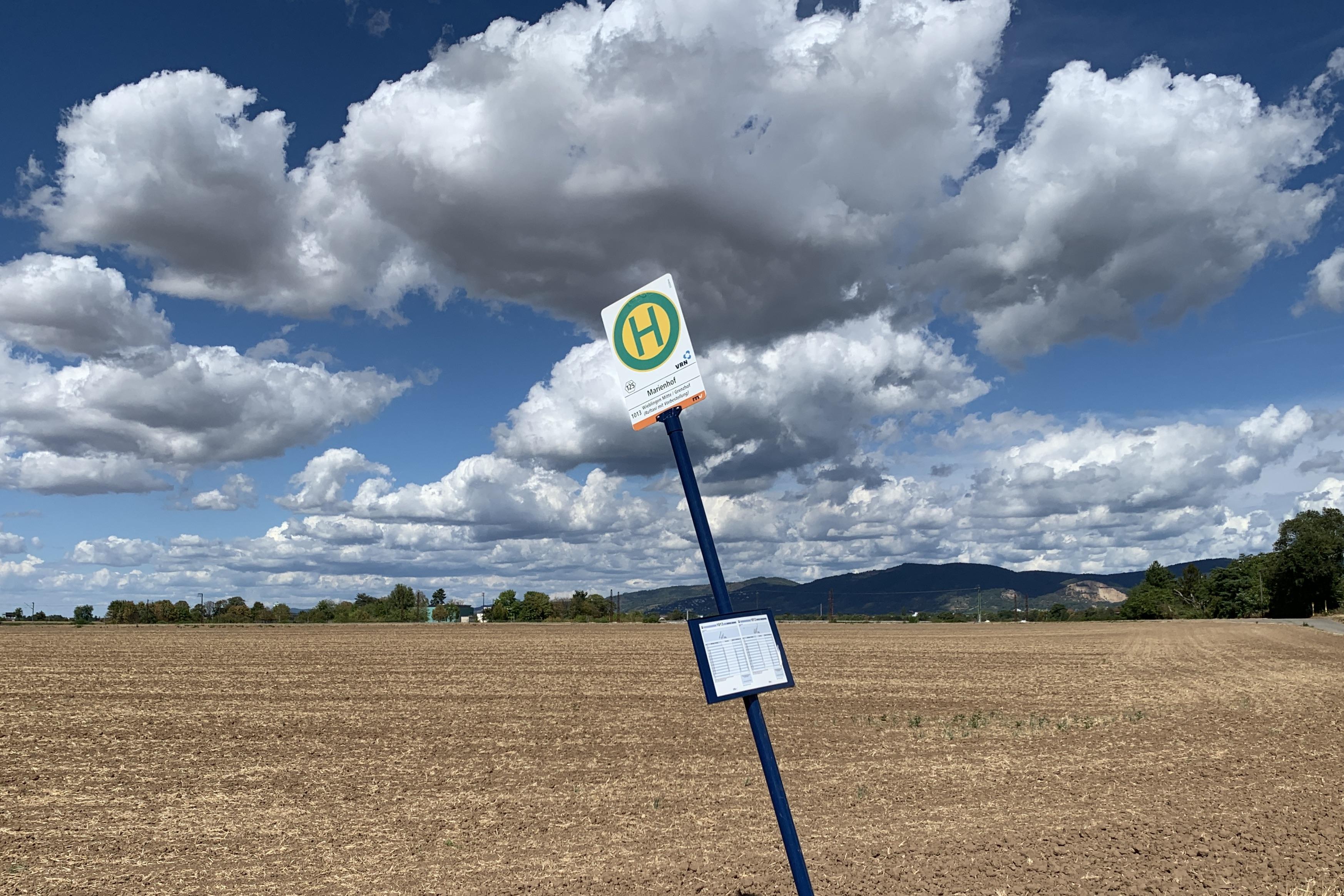Weites, abgeerntetes Feld, darüber ein blauer Himmel mit vielen weiß-grauen Wolken. Im Vordergrund ein abgeknicktes Haltestellenschild für den Bus mit kleiner Fahrplantafel.