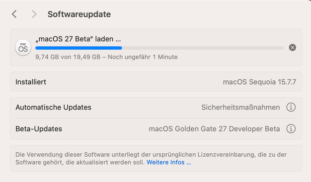 The macOS update dialog downloading macOS 27 Beta. The current system version is macOS Sequoia 15.2.7. The language of the window is German.