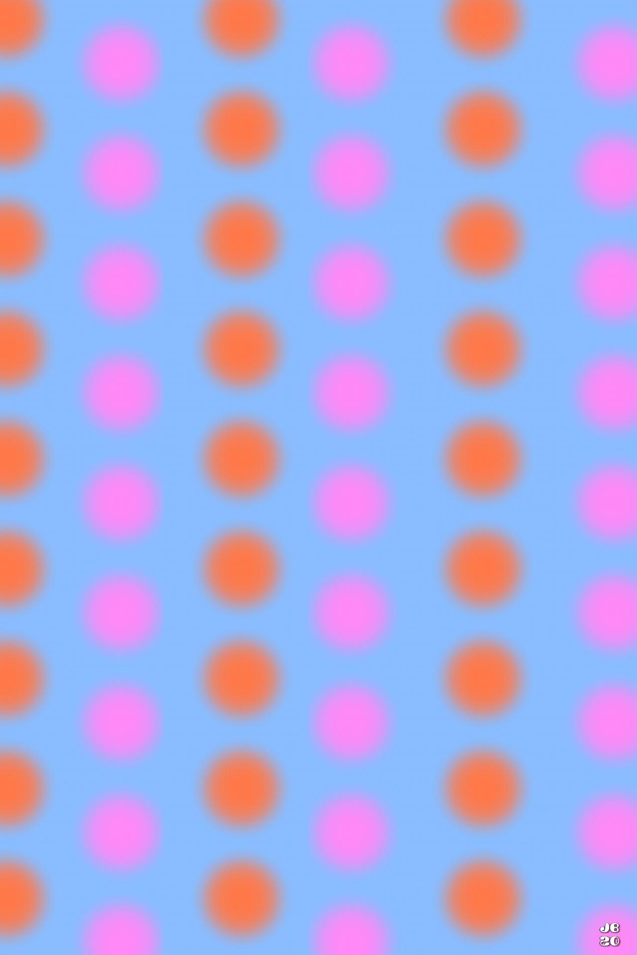 Noppenmuster mit ausgefransten Punkten in den Farben orange und rosa auf hellblauem Hintergrund. Diente als Vorlage für mit diesem Muster bedruckte Tassen und andere Gegenstände.