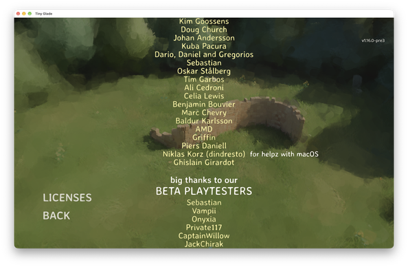 Screenshot of a macOS window showing the game Tiny Glade, in the credits menu, scrolling through a list of names. The focus is on the entry "Niklas Korz (dindresto)", which on hover shows the note "for helpz with macOS".